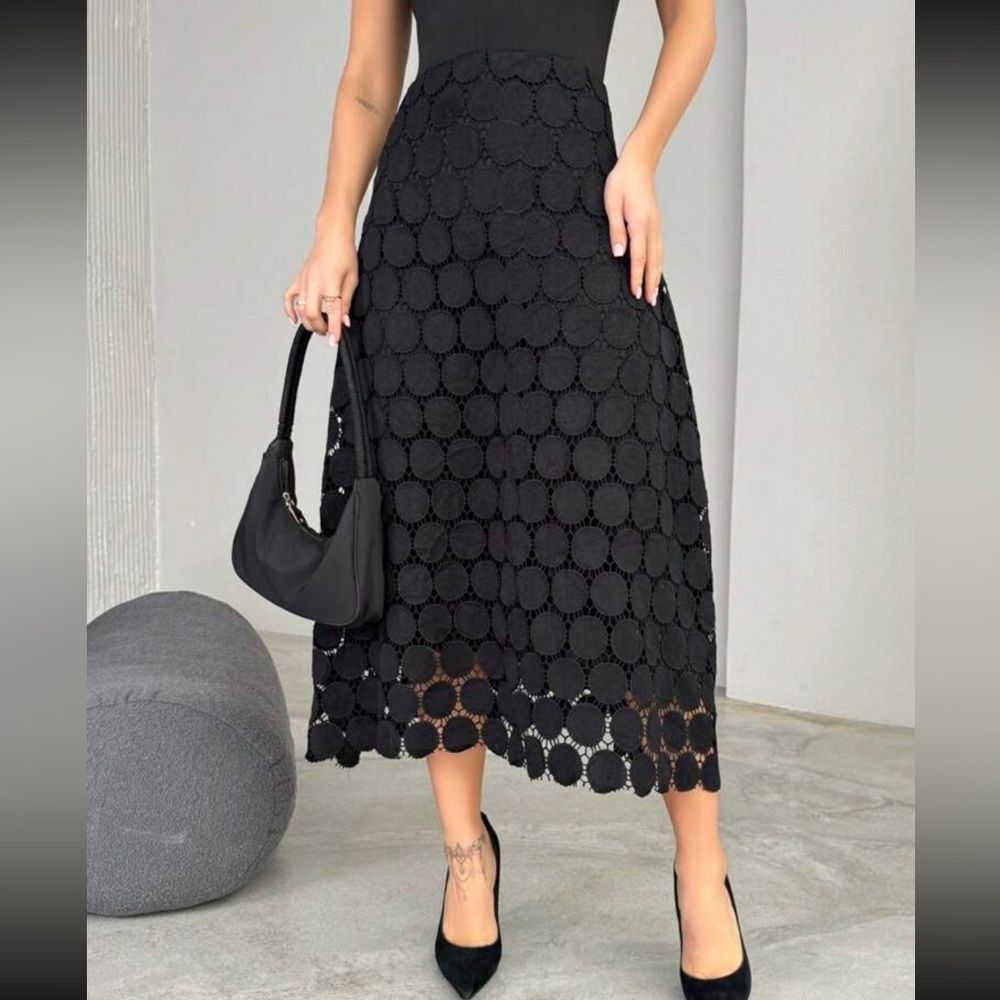 Black crochet embroidered midi skirt double layer dotted design - Picture 1 of 6